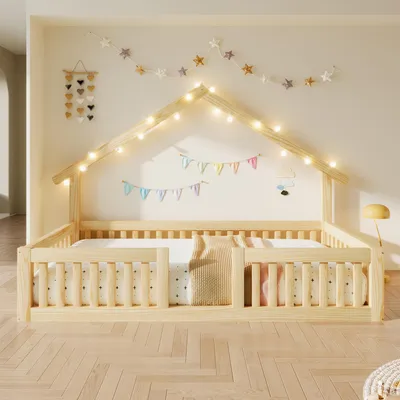 Produktbild von STILVORA Hausbett 90x200 cm aus Holz mit Rausfallschutz, Kinderbett mit LED-Lichterkette, Bodenbett mit Sicherheitsgitter