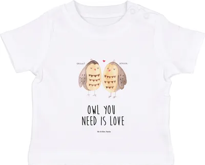 Produktbild von Mr. & Mrs. Panda Babyshirt Eulen Liebe 0. - 6. Monat - Weiß - Geschenk, Hochzeit Spruch, Liebesspruch, Eule, Baby Jerseyshirt, Kinder T-Shirt, Öko, Verliebt, , Shirt
