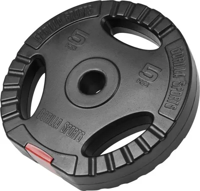 A single black weight plate with a red accent is shown against a white background.