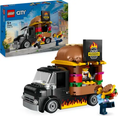 Produktbild von LEGO City Burger-Truck Imbisswagen Bauset 60404 mit Verkäufer-Minifigur, Zubehör und Kundenfigur mit Cochlea-Implantat, abnehmbarer Imbiss, 194 Teile, ca. 10 cm hoch, 12 cm lang, 7 cm breit, ab 5 Jahre