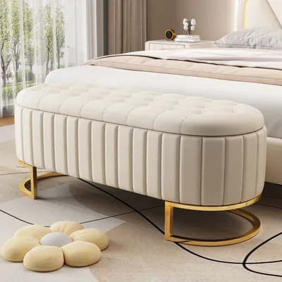 Produktbild von Flieks Sitztruhe Sitzbank mit Stauraum, Betthocker Polsterbank mit Metallbeinen, Fußhocker Sitzhocker Aufbewahrungsbox mit Deckel, Samt, Beige
