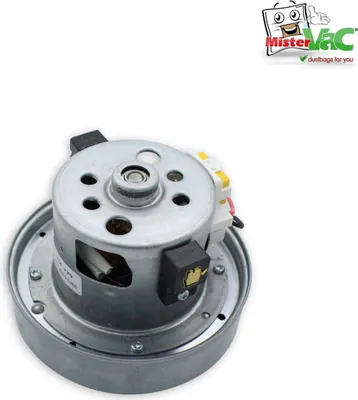 A vacuum cleaner motor is shown against a white background, with a logo in the top right corner.