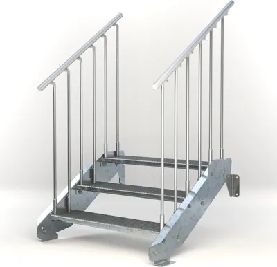 A 3-step outdoor metal staircase with railings on both sides, presented against a white background.