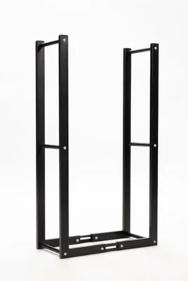 A black metal firewood rack is shown against a white background.