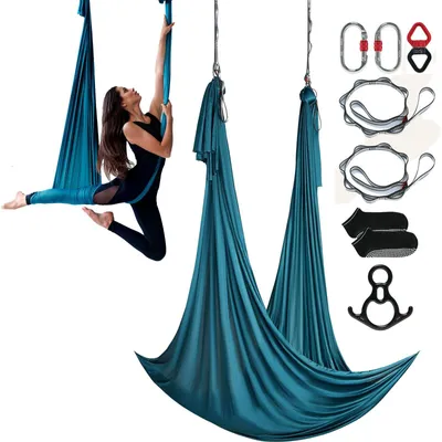 Produktbild von VEVOR Aerial Yoga Hängematte & Schaukel, 5,5 Yards, Aerial Yoga Starter-Kit mit 100gsm Nylonstoff, vollständigem Rigging-Zubehör & einfacher Aufbauanleitung, Antigravity-Fliegen für alle Fitnesslevel im Bodybuilding, Grün, Dunkelgrün-10x2,8 m