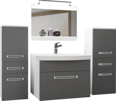Produktbild von BELINI Badmöbel Vollausstattung Set Waschbeckenschrank, 2x kleiner Schrank, Waschbecken, Spiegel, Lampe (Grau, Matt)