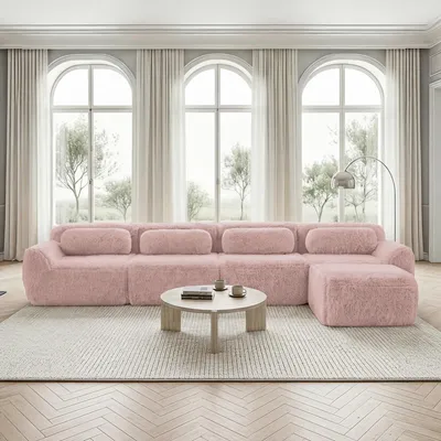 Productafbeelding van Bank met 4 zitplaatsen, in L-vorm, modulair, zonder montage nodig, met pluisstof, chaise longue, zeer elastisch (roze)