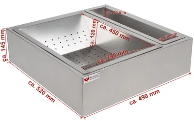 A stainless steel kitchen draining basket with measurement labels.