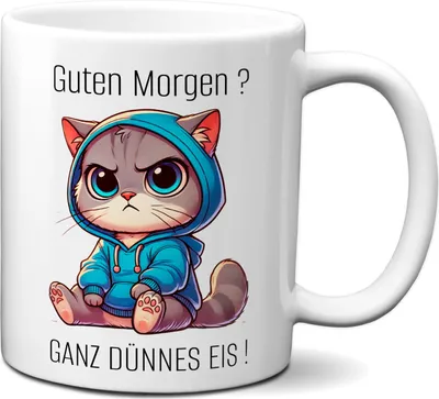 Produktbild von TassenKing - Tasse mit Spruch lustig Katze Morgenmuffel Guten Morgen? Ganz dünnes Eis! - Geschenk für alle Tierliebhaber und Kaffeegenießer