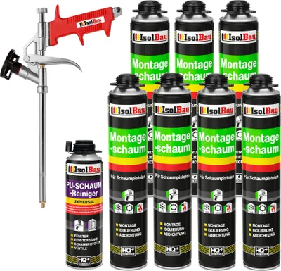Produktbild von Isolbau Bauschaum-Set - Inkl. 7x 1K Montageschaum Pistolenschaum (je 750 ml), 1x Schaum-Pistole & 1xPU-Schaum-Reiniger (500 ml)