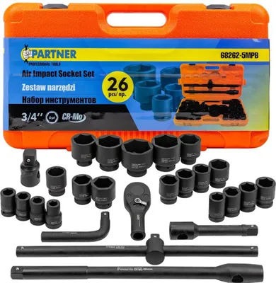 Immagine prodotto di Set di chiavi a impatto da 26 pezzi con inserti esagonali da 3/4" (17-50 mm) e 1" (55-65 mm)