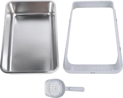 Produktbild von Katzentoilette aus Edelstahl, robust, leicht zu reinigen, spritzwassergeschützt, hochseitige Metall-Katzentoilette mit Schaufel für Hauskatzen, grau,