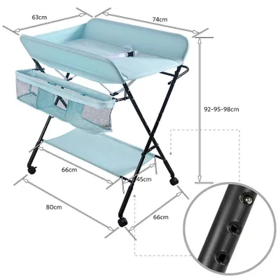 Image de Table à langer pour bébé - Table à langer pliable - Réglable en hauteur - Structure métallique - Panier de rangement - Ceinture de sécurité - 4 roulettes avec frein - Bleu ciel