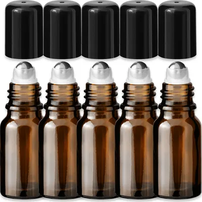 Produktbild von 5x Braune Glasflasche 10 ml Roll On mit schwarzer Kappe Edelkugelstahl
