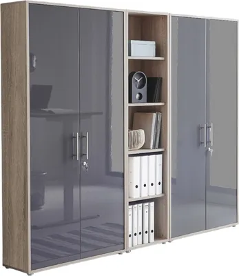 Produktbild von Aktenschrank TABOR 10 in Eiche Sonoma / anthrazit Hochglanz, Schrankwand, Büroschrank, abschließbar, Metallgriffe
