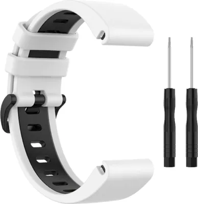 A white and black watch band with two small screwdrivers on a white background.