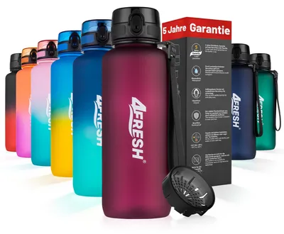 Produktbild von 4FRESH Trinkflasche 1500 ml aus Tritan – BPA-freie Gallon Wasserflasche mit 1-Klick-Öffnung, Skala & Trageschlaufe