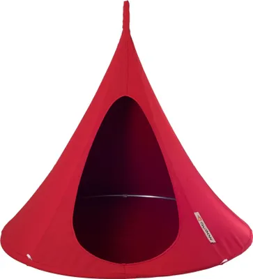 A red hanging tent or pod.