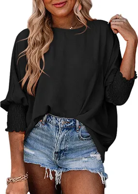 Produktbild von ASKSA Damen T-Shirt Puffaermel Rundhals Sommer Bluse Elegant Einfarbig Lose Laessig Kurzarm Tunika Oberteile (Schwarz,XL)