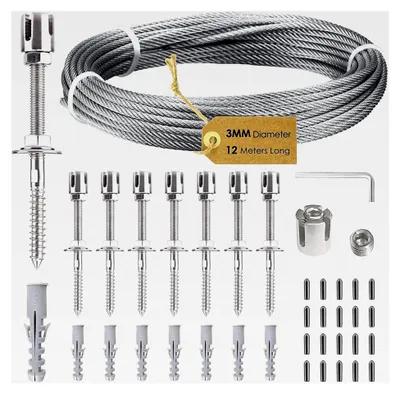 Produktbild von Rankhilfe aus Edelstahl für Kletterpflanzen, Komplettset mit Wandhaltern und 3mm Stahlseil (8 Halter, 12m Seil)