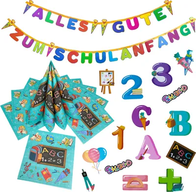 Produktbild von Oblique Unique Schuleinführung Schulanfang Einschulung Deko Set - Alles Gute zum Schulanfang Girlande + Servietten + Konfetti