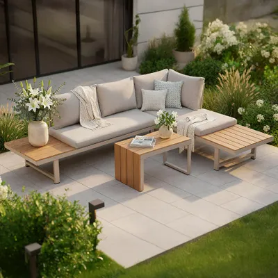 An outdoor lounge set on a patio with surrounding greenery.