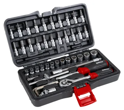 Produktbild von STIER Steckschlüssel-Satz, 48-teilig, 1/4 Zoll, Umschaltknarre, Vierkant-Steckschlüsseleinsatz, Torx- Schlitz- Phillips- Pozidrive- Bit-Steckschlüsseleinsätze, Kunststoffbox