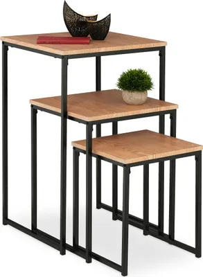 Produktbild von Relaxdays Beistelltisch 3er Set, stapelbar, Industrie Design, Satztisch 3 Größen, quadratisch, Metall, hellbraun/schwarz