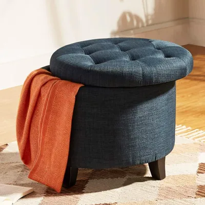 Runder Holz-Pouf mit Stauraum, 51x51x43 cm, Leinenblau