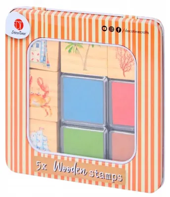Produktbild von DecoTime Holzstempel Set, 5 Stempel, 4 Tintenkissen