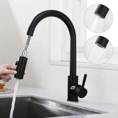 Obrázek produktu pro Kuchyňská baterie černá Vysokotlaká kuchyňská směšovací baterie výsuvná otočná o 360°, Směšovací baterie Kuchyňská baterie výsuvná se 2 režimy, Kuchyňská baterie černá Nerezová vysokotlaká baterie, černá