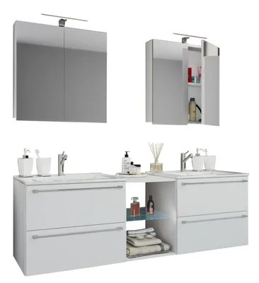 Produktbild von VCM 3-tlg. Set | 2 Waschtisch, 2 Spiegelschrank, 2 Waschbecken, 1 Mittelfach | Keramik Waschbecken | Unterschrank 155 cm | Badmöbel Set Doppel Waschplatz - Badinos XXL