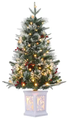 Zdjęcie produktu dla Choinka Sztuczna Ośnieżona 90 cm (3.0FT) Gęsta Świerk/Jodła z z oświetleniem LED, ośnieżonymi końcówkami igieł – Montaż Zawiasowy, Stojak Metalowy