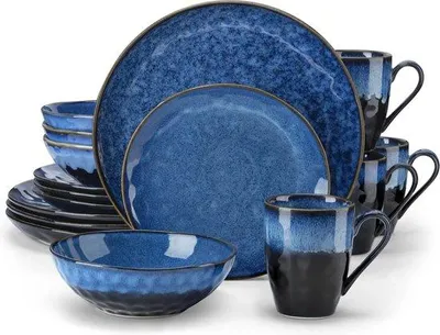 Immagine prodotto di Set di piatti in porcellana blu da 16 pezzi per 6 persone, bianco