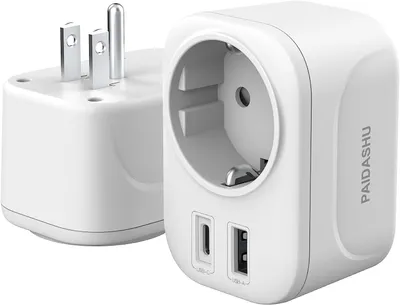 Produktbild von Adapter für EU-Steckdose, geeignet für US-Steckdosen, mit 2 USB-Anschlüssen. Kompatibel mit den Standards der USA, Kanada, Mexiko, Kolumbien und Thailand (Typ B)