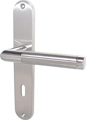 A stainless steel door handle set with a long escutcheon plate, shown against a white background.
