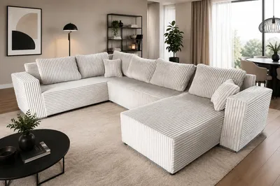 Produktbild von STYLO Couchgarnitur U Form Ecksofa in Cord Tilia breite Streifen mit Schlaffunktion Bettkasten Breite 314 cm