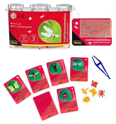 Produktbild von Idena - Insektensammelbox mit 3 Lupen, inkl. Pinzette und Insektenkarten, 5 kleine Plastikinsekten, Becherlupe für Kinder ab 5 Jahren