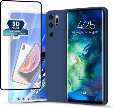 Produktbild von Hülle für Huawei P30 Pro mit 9H Displayglas Displayschutz Plus Case Cover Bumper Silikon Softgrip Schutzhülle Farbe: Blau