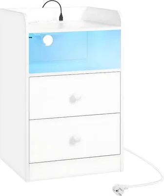 Produktbild von Nachtkommode mit RGB-LED-Beleuchtung – Weiß – Mit integrierten USB-Ladeanschlüssen – Modernes Schlafzimmer-Beistellmöbel mit 2 Schubladen