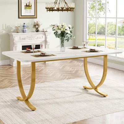 Produktbild von Esstisch rechteckig 160 x 80 x 75 cm Weiß/Gold Kunstmarmor Metall