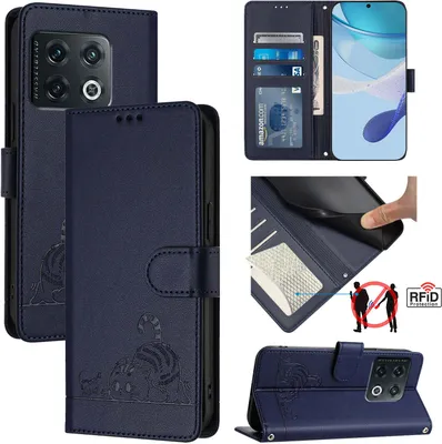 Produktbild von Leder Hülle für OnePlus 10 Pro Süße Katze Flip Case Brieftasche Schutzhülle mit Standfunktion Blau