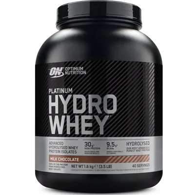 A black tub of Optimum Nutrition Platinum Hydro Whey protein powder with a silver and gray label.