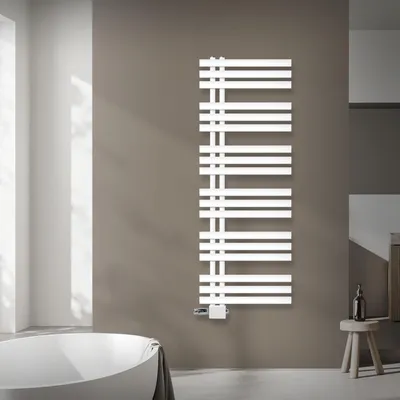 Produktbild von LuxeBath Design Badheizkörper, 500x1400 mm, Weiß, Anschlussgarnitur Thermostat Universal Eck- und Durchgangsform, ohne Heizstab