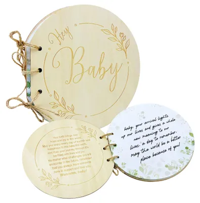Rundes Holz-Gästebuch für Babyshower, 80 Seiten