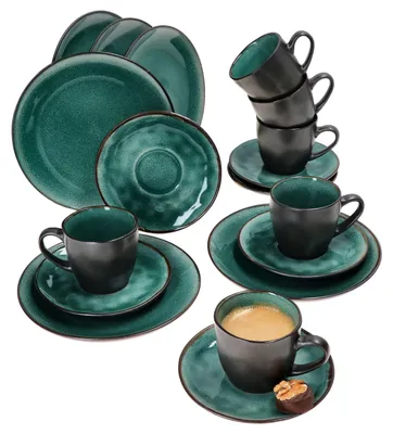 Produktbild von 18tlg. Kaffeeservice Reactive Glaze Green Steingut Kuchen-Teller Tasse Mint-Grün