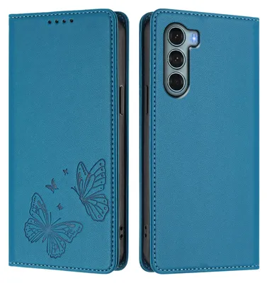 Produktbild von Lederhülle für Motorola Moto G200, Schmetterling Prägung Leder Brieftasche Schutzhülle mit Ständer Blau