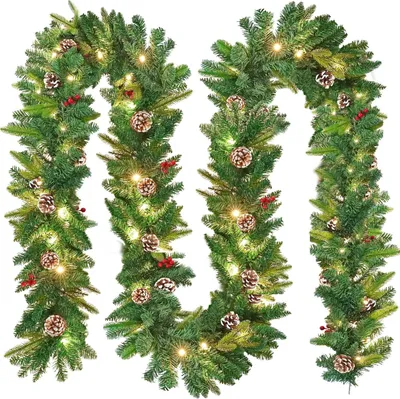 Produktbild von JOIEYOU 500cm Weihnachtsgirlande mit 75 Warmweiß LEDs Beleuchtung PVC Künstliche Weihnachten Tannengirlande mit Kiefernzapfen & Rot Beeren Girlanden für Außen & Innen Festlichkeite Deko