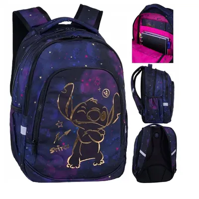 A collage of images showing a backpack with a Stitch motif from different angles, including an interior view.