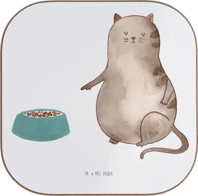 Produktbild von Mr. & Mrs. Panda Tischuntersetzer Katze Fressen - Weiß - Geschenk, Untersetzer Glas, gläseruntersetzer, Holzuntersetzer, Tischschoner, Coaster